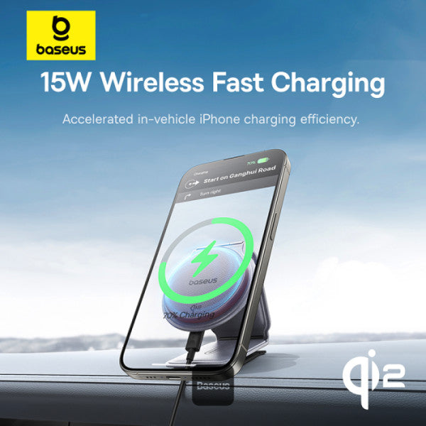 Baseus C02 PrimeTrip Series Mega Magnetic Wireless Charging Car Phone Holder with 15W Qi2 MagSafe - 360° Adjustable Foldable Dashboard Mount - Gray