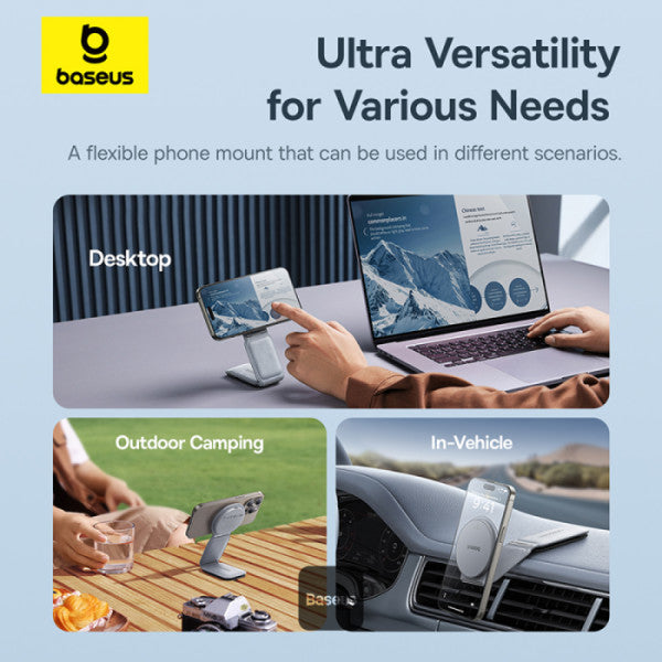 Baseus C02 PrimeTrip Series Mega Magnetic Wireless Charging Car Phone Holder with 15W Qi2 MagSafe - 360° Adjustable Foldable Dashboard Mount - Gray