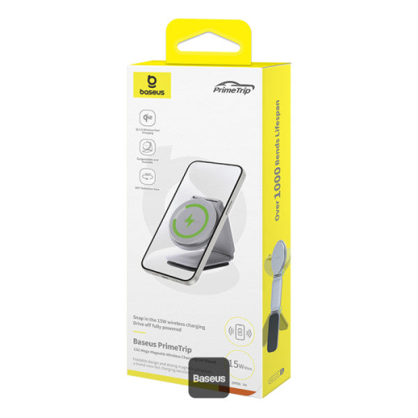 Baseus C02 PrimeTrip Series Mega Magnetic Wireless Charging Car Phone Holder with 15W Qi2 MagSafe - 360° Adjustable Foldable Dashboard Mount - Gray
