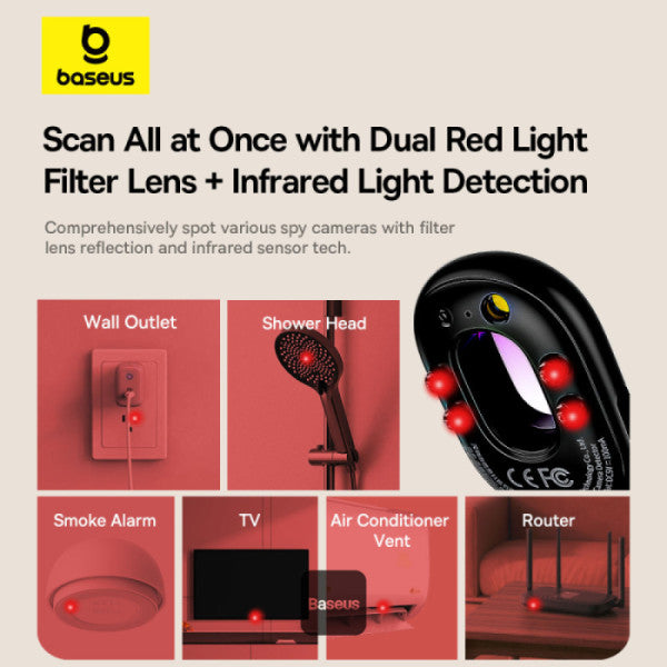 Baseus Heyo Series II Infrared Camera Detector - Mini Travel Hotel Hidden Camera Finder Anti-Theft Dual Detection Modes Portable LED Flashlight - Black