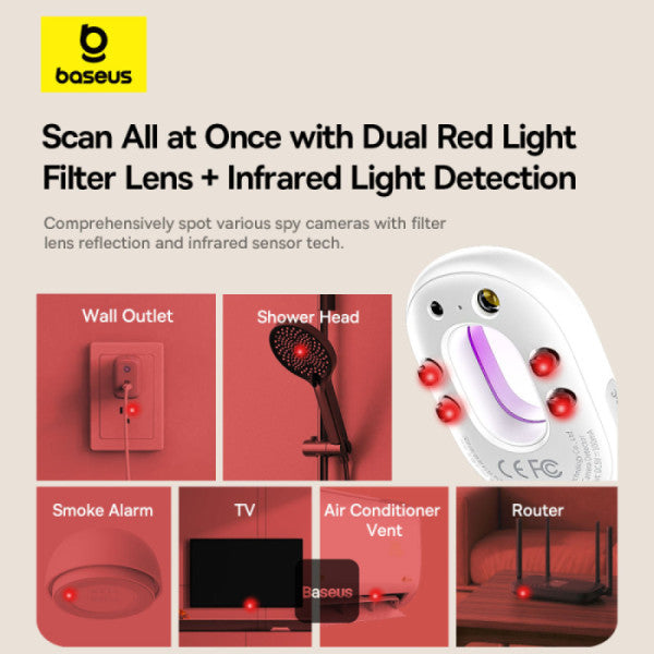 Baseus Heyo Series II Infrared Camera Detector - Mini Travel Hotel Hidden Camera Finder Anti-Theft Dual Detection Modes Portable LED Flashlight - White