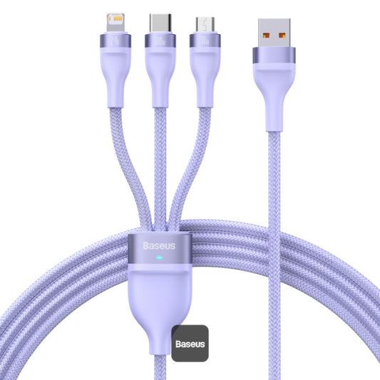 Baseus Flash Series 2 100W One-for-three Fast Charging Cable USB to M+L+C - 480Mbps Data Cable Nylon Braided  12M - Purple