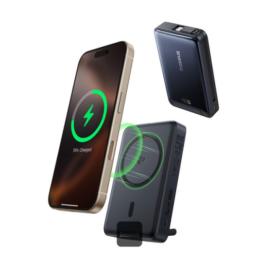Baseus Nomos 3-in-1 10000mAh Power Bank - Qi2 Certified 15W Wireless Charger 45W Built-In Two-Way Fast Charging Cable Type-C Port Kickstand - Black