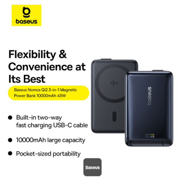 Baseus Nomos 3-in-1 10000mAh Power Bank - Qi2 Certified 15W Wireless Charger 45W Built-In Two-Way Fast Charging Cable Type-C Port Kickstand - Black