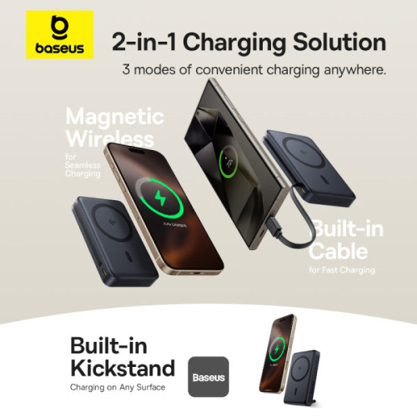 Baseus Nomos 3-in-1 10000mAh Power Bank - Qi2 Certified 15W Wireless Charger 45W Built-In Two-Way Fast Charging Cable Type-C Port Kickstand - Black