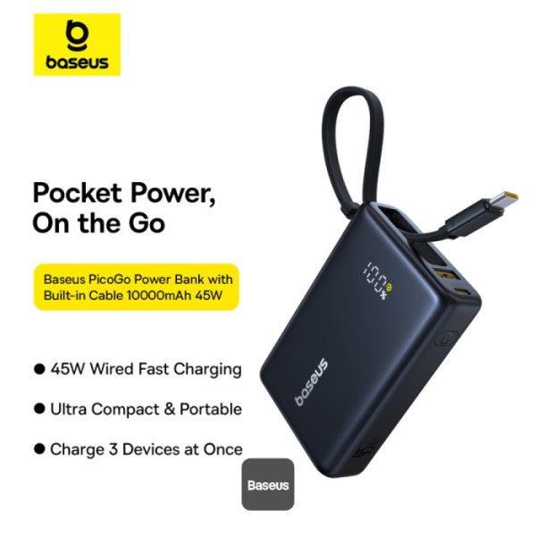 Baseus PicoGo 10000mAh Digital Display 45W Fast Charge Power Bank with Built-in Type-C Cable Type-C Port and 225W USB-A QC 30 Port – Black