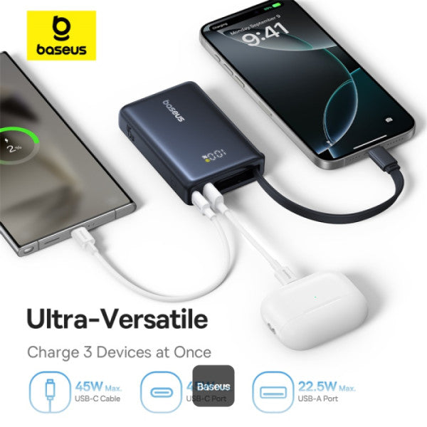 Baseus PicoGo 10000mAh Digital Display 45W Fast Charge Power Bank with Built-in Type-C Cable Type-C Port and 225W USB-A QC 30 Port – Black