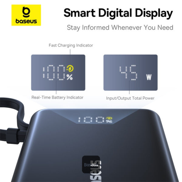Baseus PicoGo 10000mAh Digital Display 45W Fast Charge Power Bank with Built-in Type-C Cable Type-C Port and 225W USB-A QC 30 Port – Black