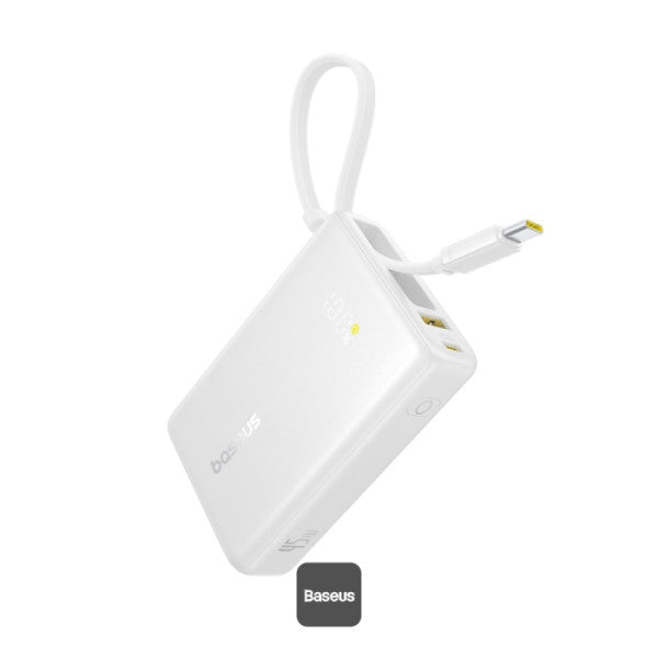 Baseus PicoGo 10000mAh Digital Display 45W Fast Charge Power Bank with Built-in Type-C Cable Type-C Port and 225W USB-A QC 30 Port – White