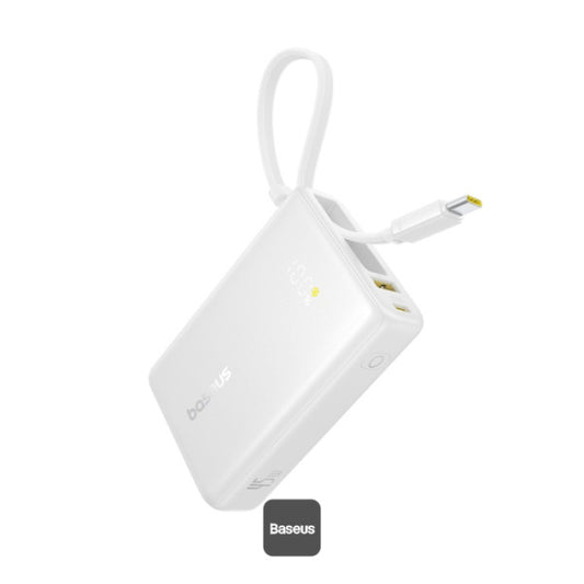 Baseus PicoGo 10000mAh Digital Display 45W Fast Charge Power Bank with Built-in Type-C Cable Type-C Port and 225W USB-A QC 30 Port – White