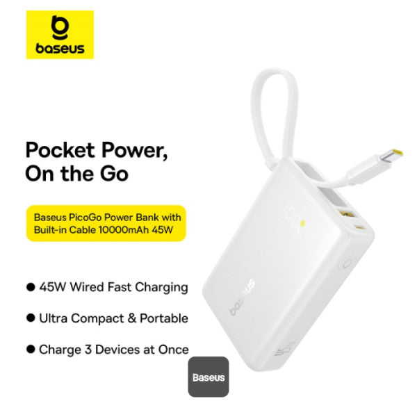 Baseus PicoGo 10000mAh Digital Display 45W Fast Charge Power Bank with Built-in Type-C Cable Type-C Port and 225W USB-A QC 30 Port – White
