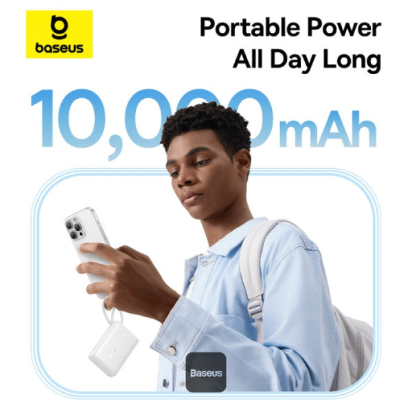 Baseus PicoGo 10000mAh Digital Display 45W Fast Charge Power Bank with Built-in Type-C Cable Type-C Port and 225W USB-A QC 30 Port – White