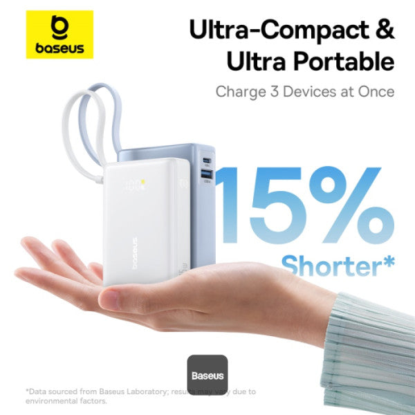 Baseus PicoGo 10000mAh Digital Display 45W Fast Charge Power Bank with Built-in Type-C Cable Type-C Port and 225W USB-A QC 30 Port – White