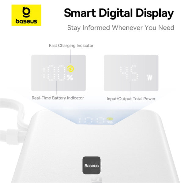 Baseus PicoGo 10000mAh Digital Display 45W Fast Charge Power Bank with Built-in Type-C Cable Type-C Port and 225W USB-A QC 30 Port – White