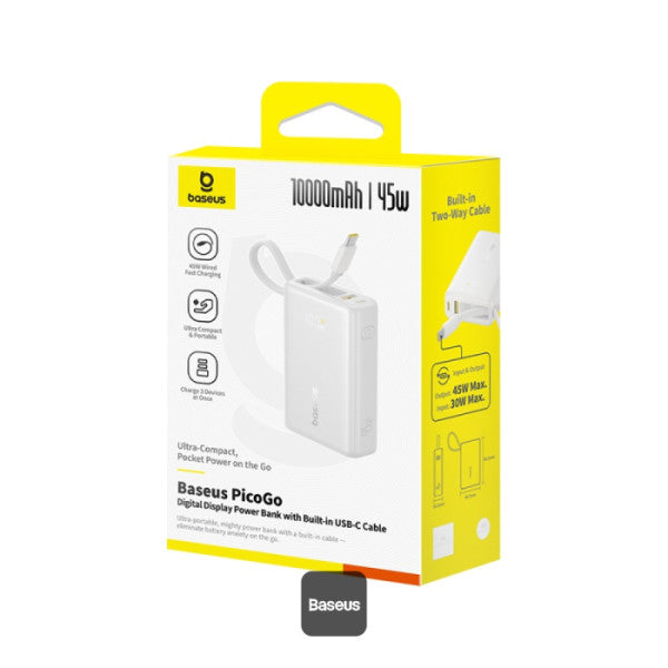 Baseus PicoGo 10000mAh Digital Display 45W Fast Charge Power Bank with Built-in Type-C Cable Type-C Port and 225W USB-A QC 30 Port – White