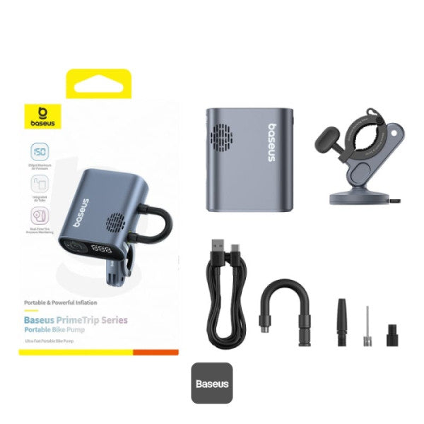 Baseus PrimeTrip 150PSI Portable Bike Pump | Air Inflator with LED Display & Fast 90s Inflation | Rechargeable Tire Pump for Bikes E-Bikes - Black