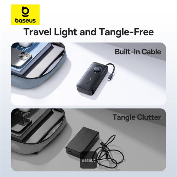 Baseus Free2Pull 10000mAh Power Bank with Built-in Retractable Type-C Cable for Laptop - 30W Fast Charging Digital Display - Black