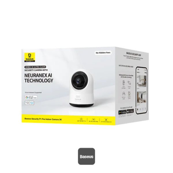 Baseus Security P1 Pro Indoor 3K Wi-Fi Camera with AI Detection 360° Pan Night Vision up to 256GB MicroSD Card Support & Voice Assistant - White