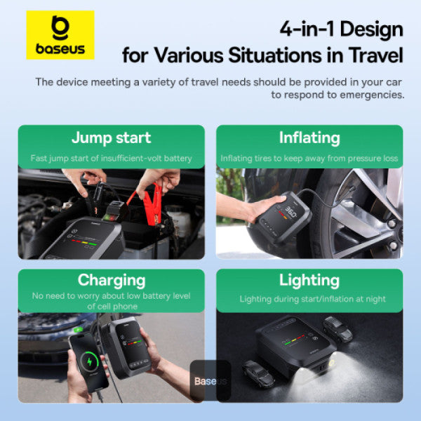 Baseus Primetrip Series Super Energy 4in1 Car Jump Starter 1200A with 150 PSI Tire Inflator 3000mAh Power Bank & Flashlight | Color Display  - Black