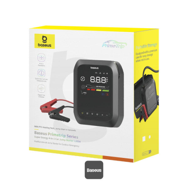 Baseus Primetrip Series Super Energy 4in1 Car Jump Starter 1200A with 150 PSI Tire Inflator 3000mAh Power Bank & Flashlight | Color Display  - Black
