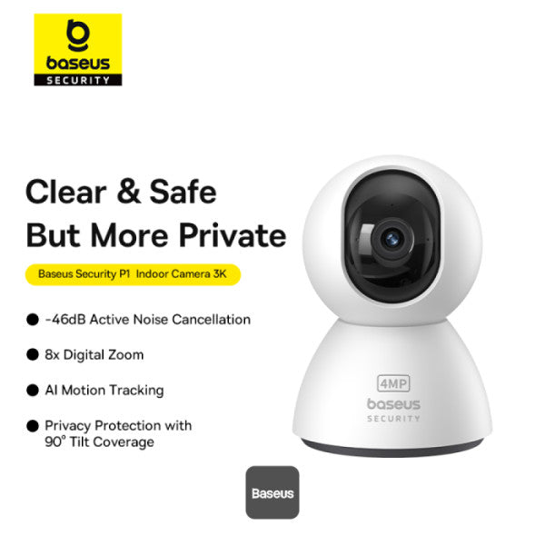 Baseus Security P1 Indoor 3K Wi-Fi Camera AI Detection 360° Pan Night Vision Up to 256GB MicroSD & Works with Google & Alexa - White