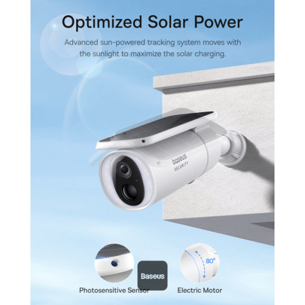 Baseus Security S1 Outdoor 2K Solar Security Camera – IP67 Waterproof 10400mAh Battery 145° Wide-Angle AI Detection Built-in 8GB Storage Two-Way Audio – White
