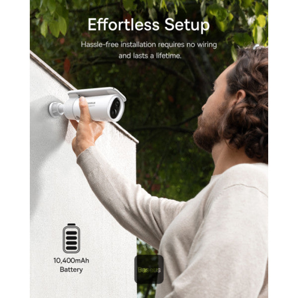Baseus Security S1 Outdoor 2K Solar Security Camera – IP67 Waterproof 10400mAh Battery 145° Wide-Angle AI Detection Built-in 8GB Storage Two-Way Audio – White