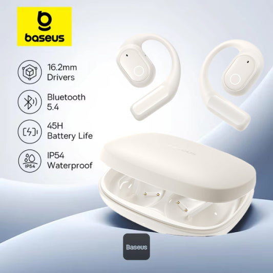 Baseus Eli 10i Fit Open-Ear TWS Earbuds – Air Conduction BT 54 45H Battery IP54 Waterproof Sports Ear Hooks for Running Gym & Cycling - White