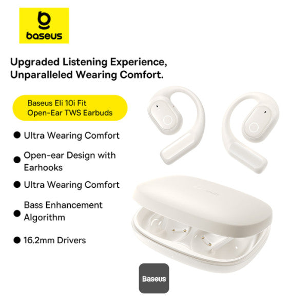 Baseus Eli 10i Fit Open-Ear TWS Earbuds – Air Conduction BT 54 45H Battery IP54 Waterproof Sports Ear Hooks for Running Gym & Cycling - White