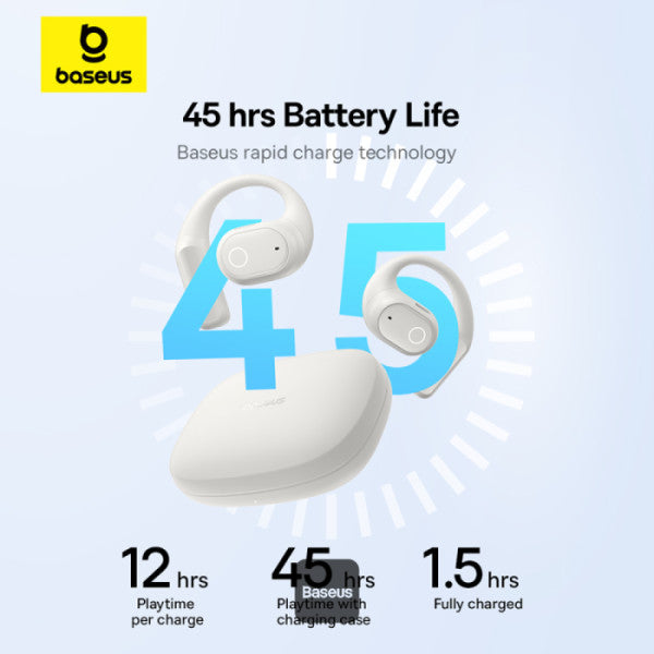 Baseus Eli 10i Fit Open-Ear TWS Earbuds – Air Conduction BT 54 45H Battery IP54 Waterproof Sports Ear Hooks for Running Gym & Cycling - White