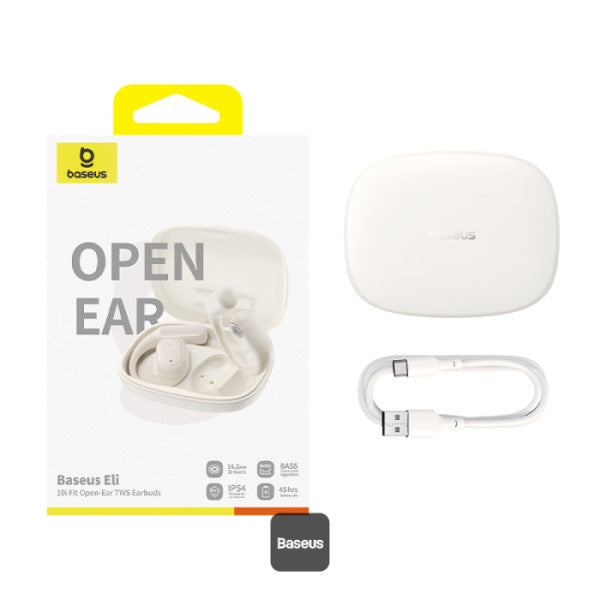 Baseus Eli 10i Fit Open-Ear TWS Earbuds – Air Conduction BT 54 45H Battery IP54 Waterproof Sports Ear Hooks for Running Gym & Cycling - White
