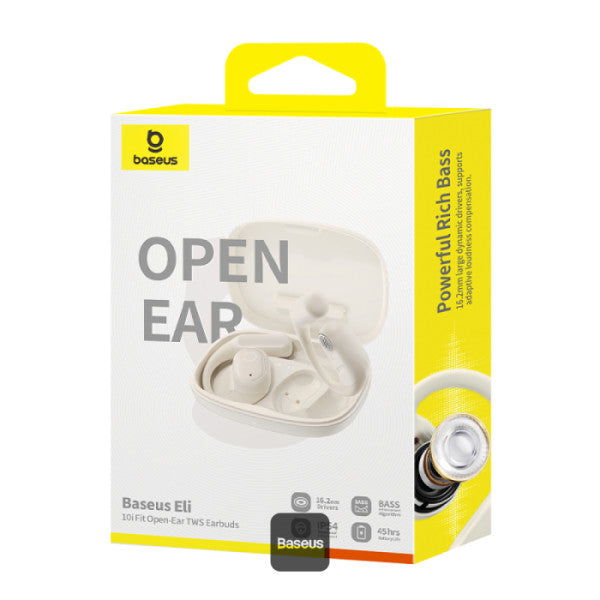 Baseus Eli 10i Fit Open-Ear TWS Earbuds – Air Conduction BT 54 45H Battery IP54 Waterproof Sports Ear Hooks for Running Gym & Cycling - White