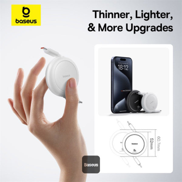 Baseus Free2Pull Mini Retractable Type-C Cable | 60W Fast Charging | Adjustable Length | CarPlay Compatible | 480Mbps Data Transfer | 1M - White