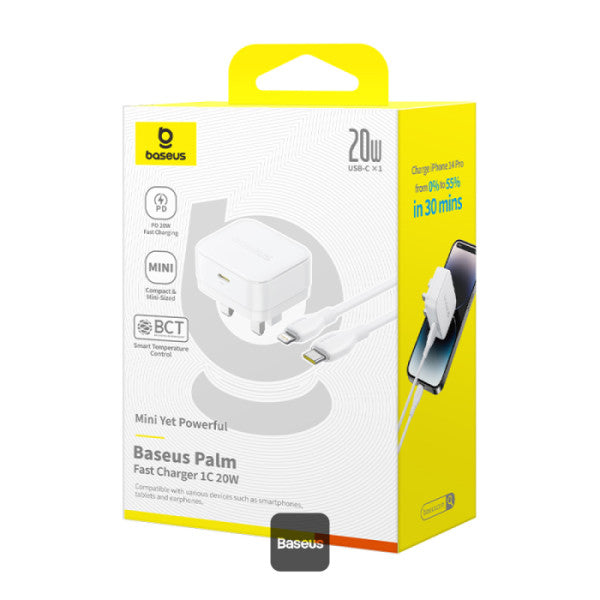 Baseus Palm 20W PD Type-C Fast Charging Wall Charger UK Plug with Ultra Fast Charging Type-C to Lightning Data Cable 1M - White