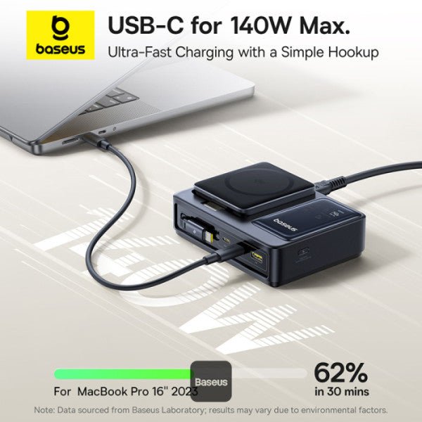 Baseus Nomos 5-in-1 Qi2 Desktop Charger with 100W Retractable Type-C Cable & 15W MagSafe Wireless Charging – UK Plug - Black