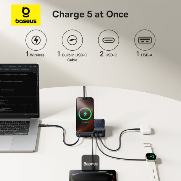 Baseus Nomos 5-in-1 Qi2 Desktop Charger with 100W Retractable Type-C Cable & 15W MagSafe Wireless Charging – UK Plug - Black