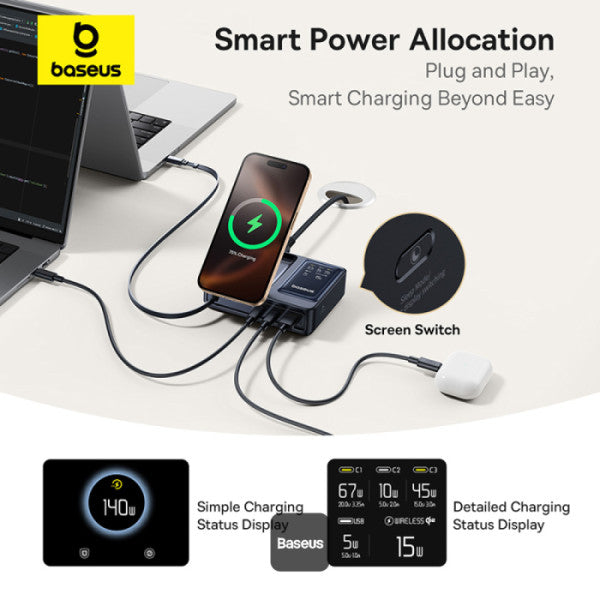 Baseus Nomos 5-in-1 Qi2 Desktop Charger with 100W Retractable Type-C Cable & 15W MagSafe Wireless Charging – UK Plug - Black