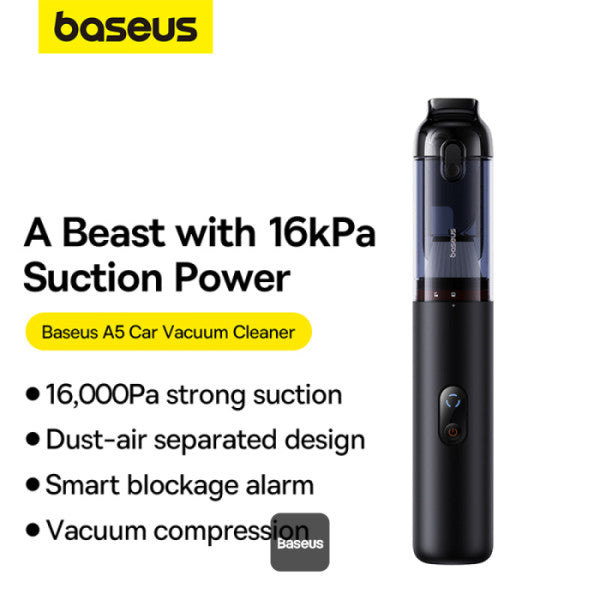 Baseus A5 Car Vacuum Cleaner 16000Pa Power Suction - Portable Cordless LED Display High-Efficiency Cordless Vacuum for Car & Home Use - Black