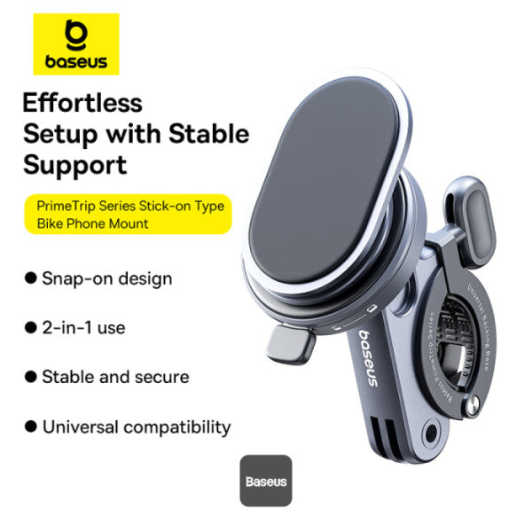 Baseus PrimeTrip Magnetic Bike Phone Holder – 2-in-1 Stick-On Mount & Ring Stand 360° Rotatable Universal Handlebar Fit (20-35mm) - Black