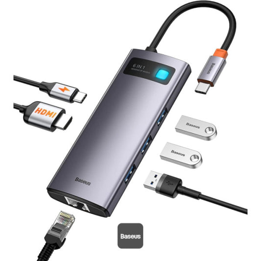 Baseus Metal Gleam Series 6-in-1 USB-C Hub with 100W PD 4K HDMI 3x USB 32 RJ45 1Gbps – Grey