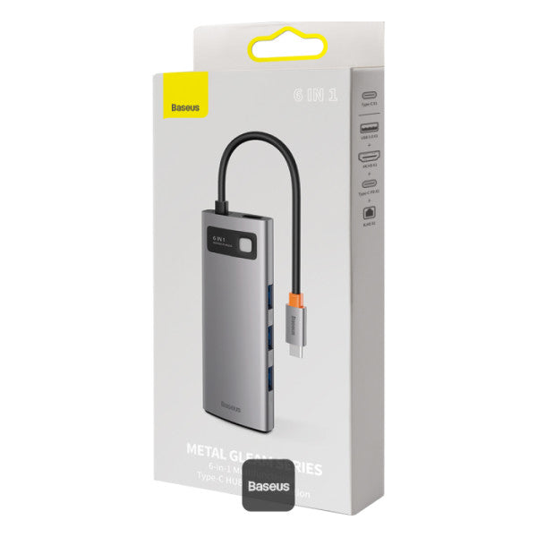 Baseus Metal Gleam Series 6-in-1 USB-C Hub with 100W PD 4K HDMI 3x USB 32 RJ45 1Gbps – Grey