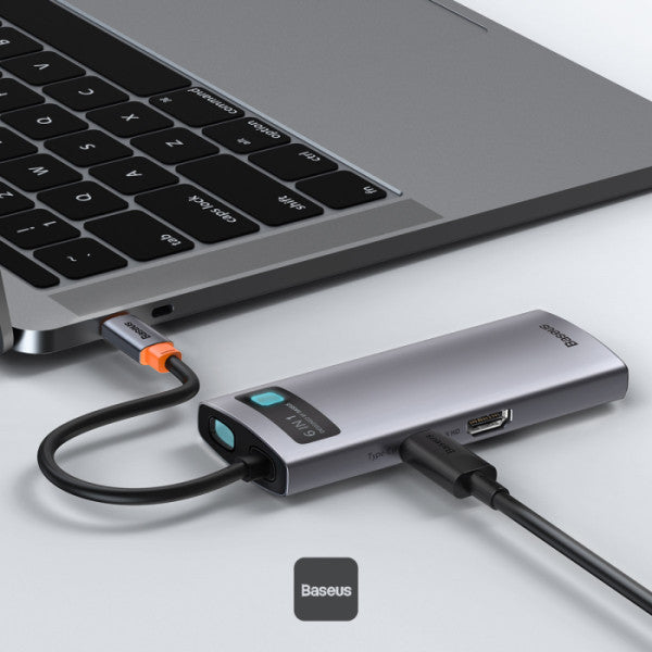 Baseus Metal Gleam Series 6-in-1 USB-C Hub with 100W PD 4K HDMI 3x USB 32 RJ45 1Gbps – Grey
