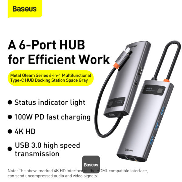 Baseus Metal Gleam Series 6-in-1 USB-C Hub with 100W PD 4K HDMI 3x USB 32 RJ45 1Gbps – Grey