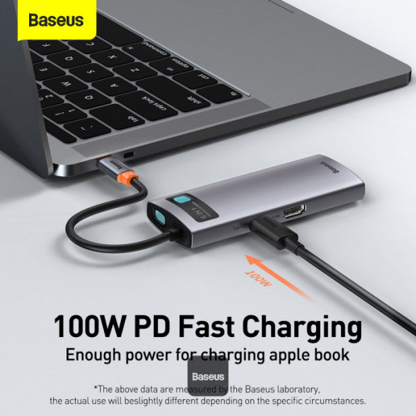 Baseus Metal Gleam Series 6-in-1 USB-C Hub with 100W PD 4K HDMI 3x USB 32 RJ45 1Gbps – Grey