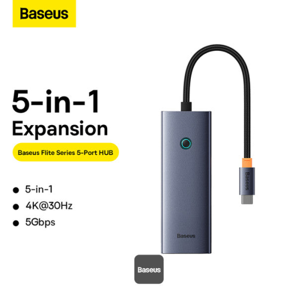 Baseus Flite Series 5-in-1 USB-C Hub – 4x USB 30 4K HDMI Type-C Docking Station for Laptop & MacBook - Grey