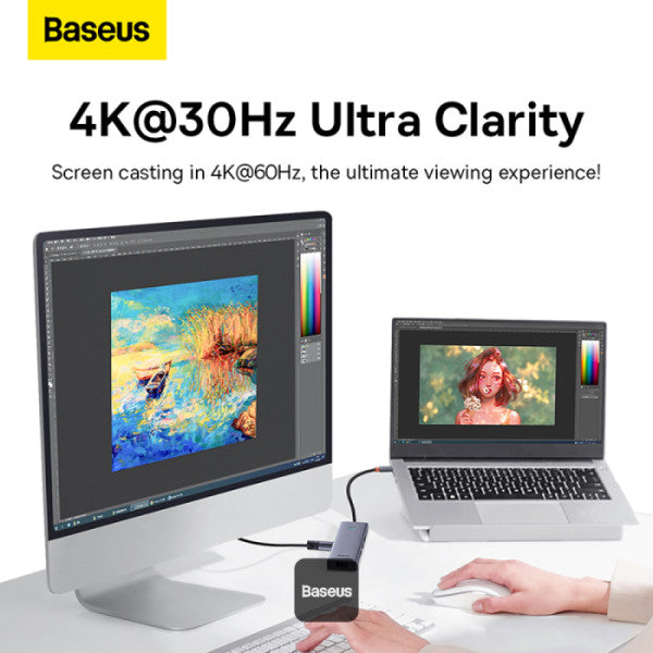 Baseus Flite Series 5-in-1 USB-C Hub – 4x USB 30 4K HDMI Type-C Docking Station for Laptop & MacBook - Grey