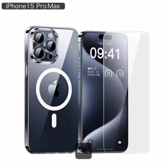 Baseus Crystal Series Magnetic iPhone 15 Pro Max Case – MagSafe Compatible Ultra-Thin & Durable Includes Tempered Glass Screen Protector – Clear