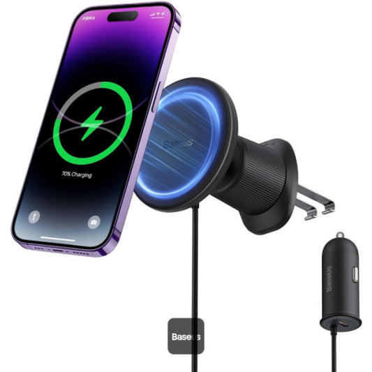 Baseus CW01 Magnetic Wireless Car Charger & Phone Holder 15W MagSafe Fast Charging 25W Type-C 360° Air Vent Mount Secure Grip - Black