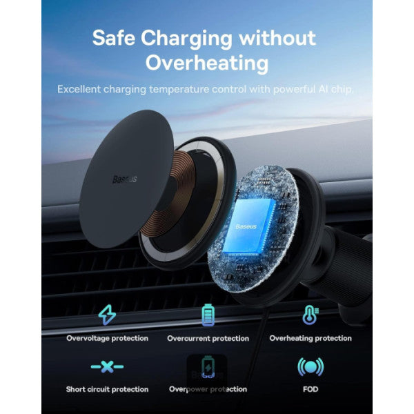 Baseus CW01 Magnetic Wireless Car Charger & Phone Holder 15W MagSafe Fast Charging 25W Type-C 360° Air Vent Mount Secure Grip - Black