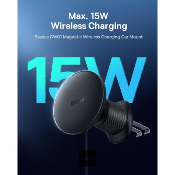 Baseus CW01 Magnetic Wireless Car Charger & Phone Holder 15W MagSafe Fast Charging 25W Type-C 360° Air Vent Mount Secure Grip - Black